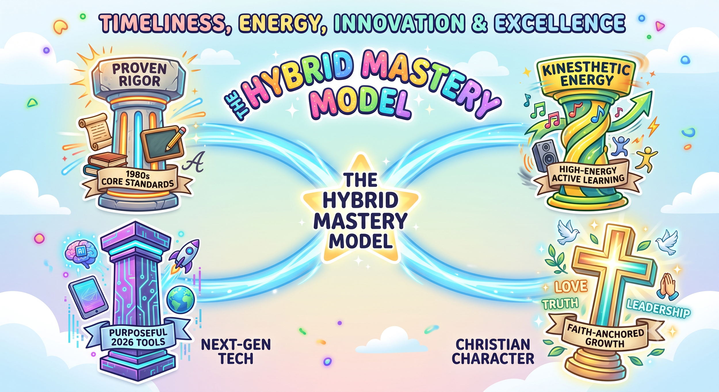 Colorful infographic showcasing a hybrid mastery model with themes of energy, innovation, and excellence, featuring symbols like a stone labeled 'Proven Rigor,' a futuristic tower labeled 'Purposeful 2026 Tools,' and a glowing cross representing Christian character. Words like 'Timeliness,' 'Energy,' 'Innovation,' 'Excellence,' and 'Kinesthetic Energy' are highlighted, with supporting elements like musical notes, a rocket, and doves.