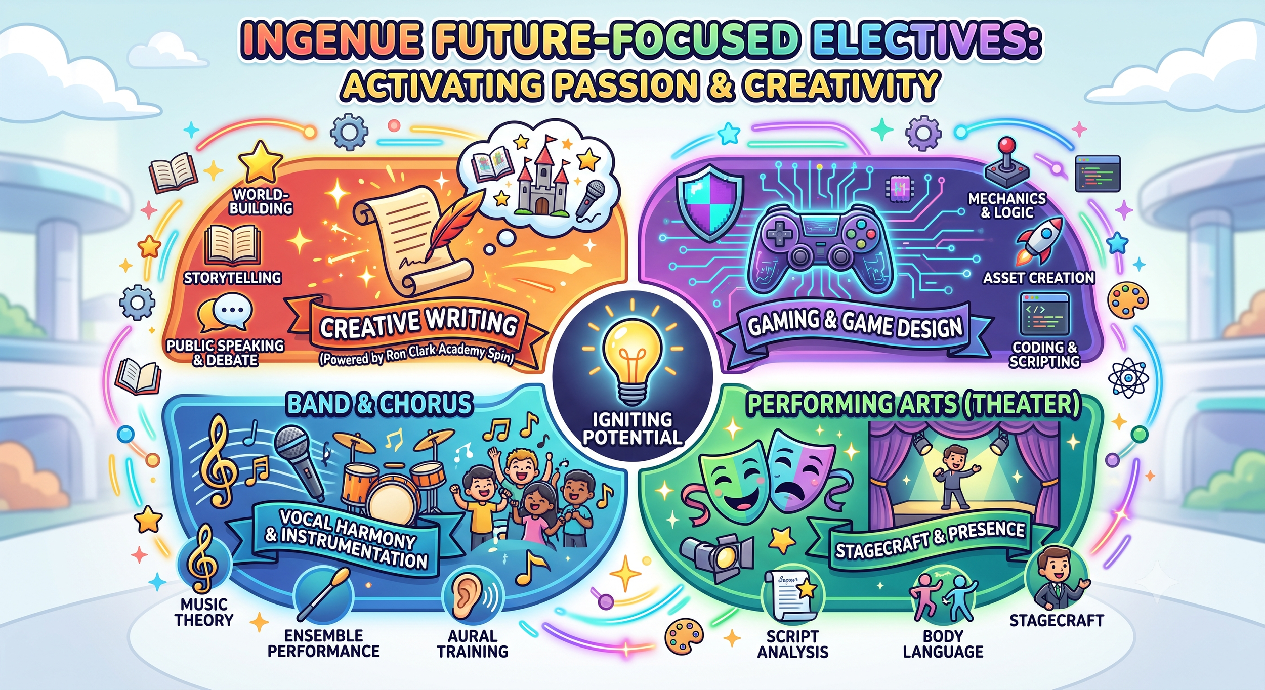 Graphic illustrating future-focused electives in creativity, gaming, performing arts, band, chorus, and stagecraft, emphasizing activating passion and creativity for igniting potential.