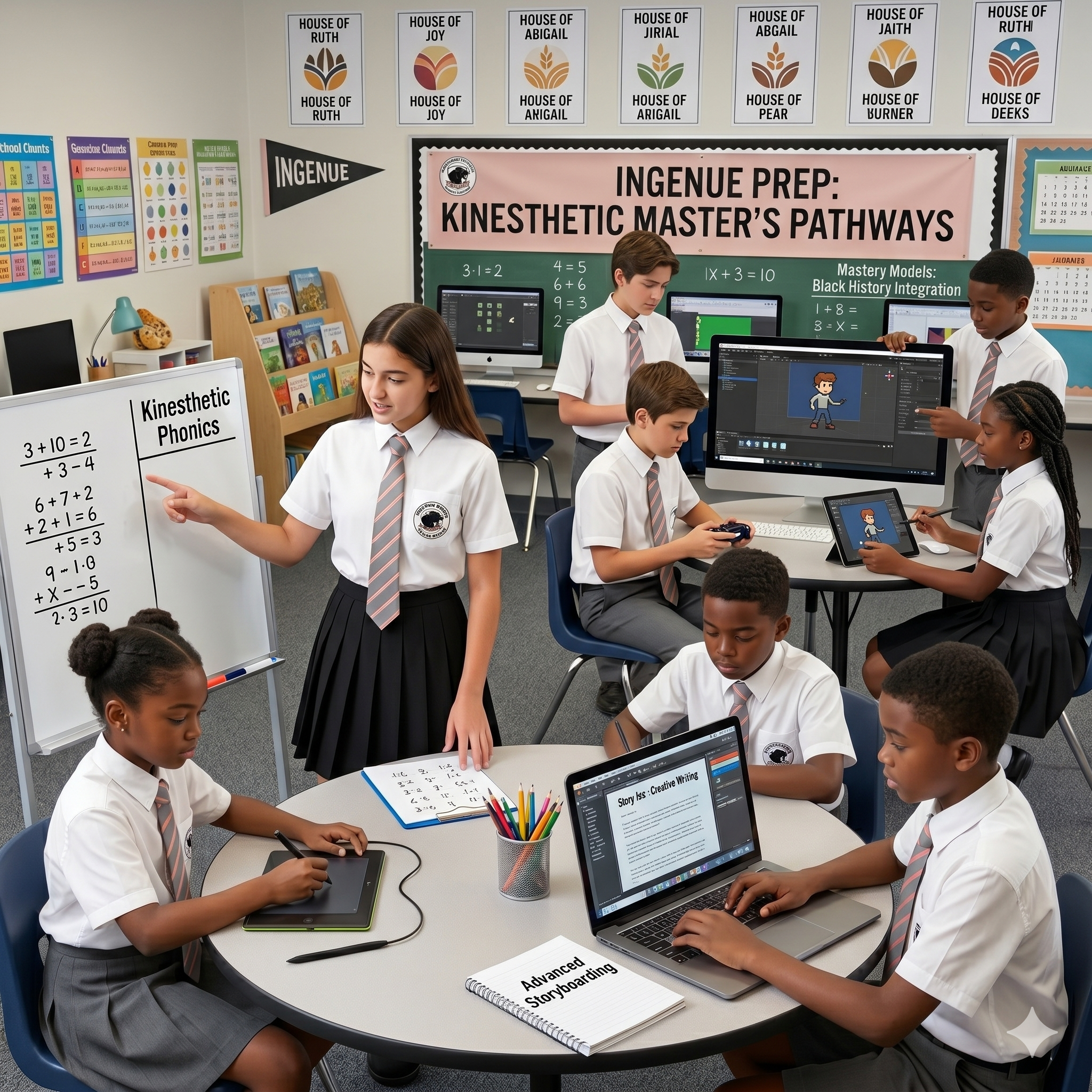 Students in school uniforms engaged in various digital and written activities in a classroom focused on kinesthetic learning and storytelling.