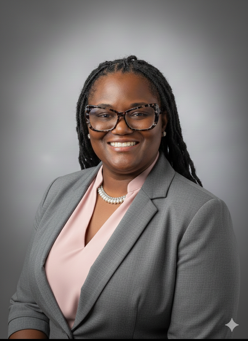 Professional portrait of an African American woman with dreadlocks, glasses, smiling, dressed in a gray blazer and pink blouse, wearing a pearl necklace.