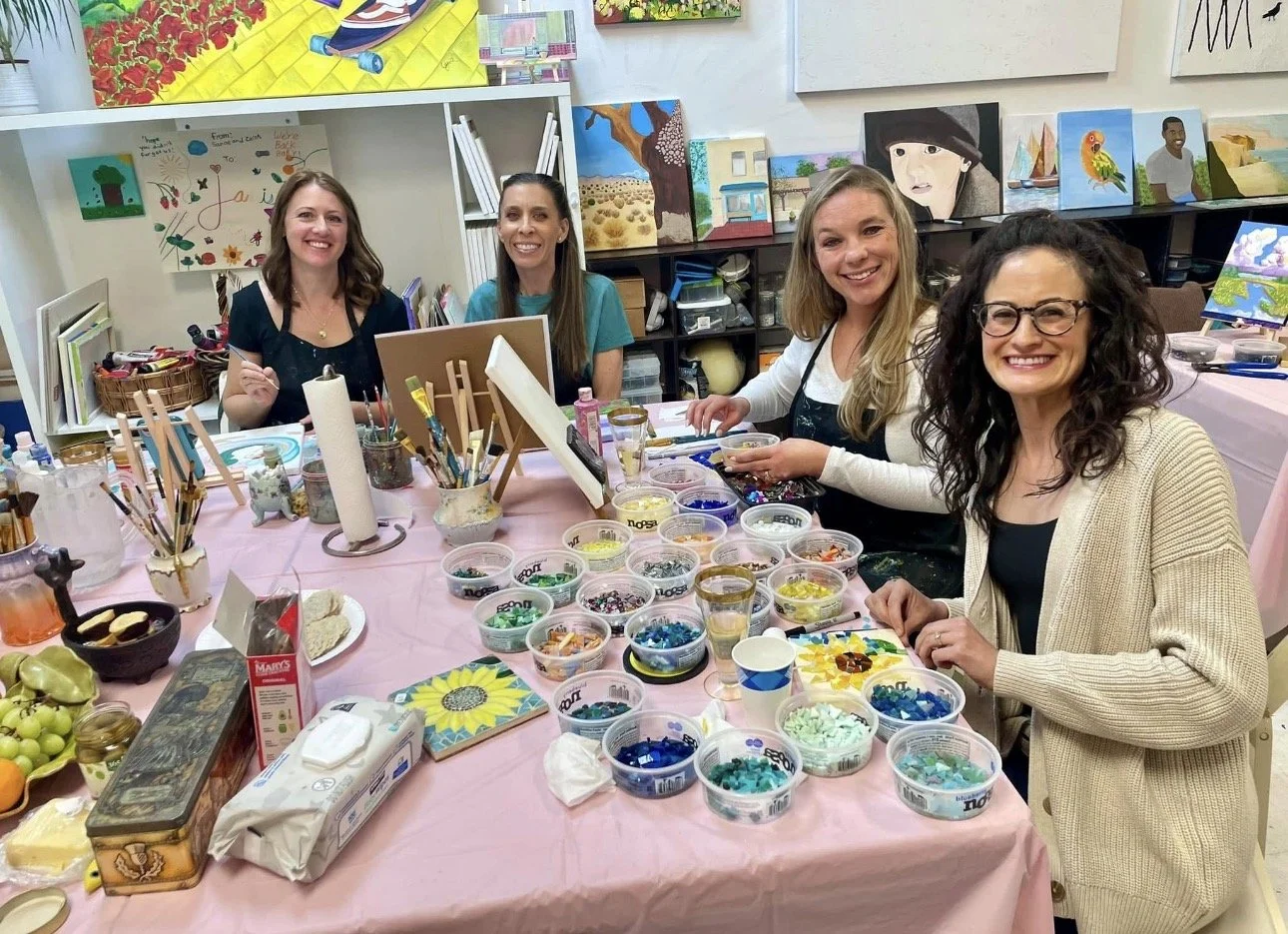 Group celebrating a private event at Art From The Heart art studio in Ojai. Paint and Sip Private event in Ojai studio