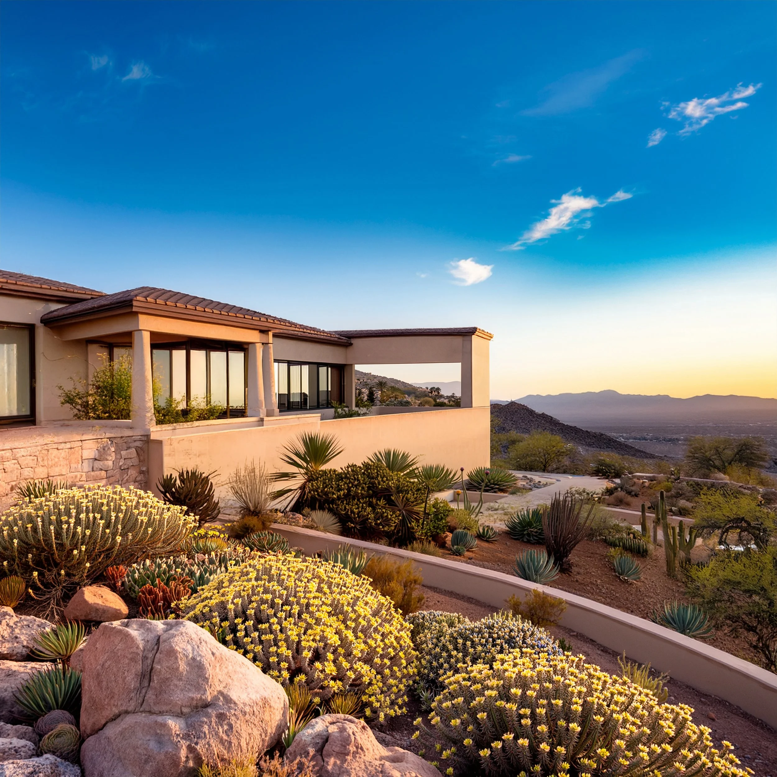 Modern Arizona home with expansive glass windows, Sonoran Desert landscaping, native cacti and desert plants, and mountain views at sunset.