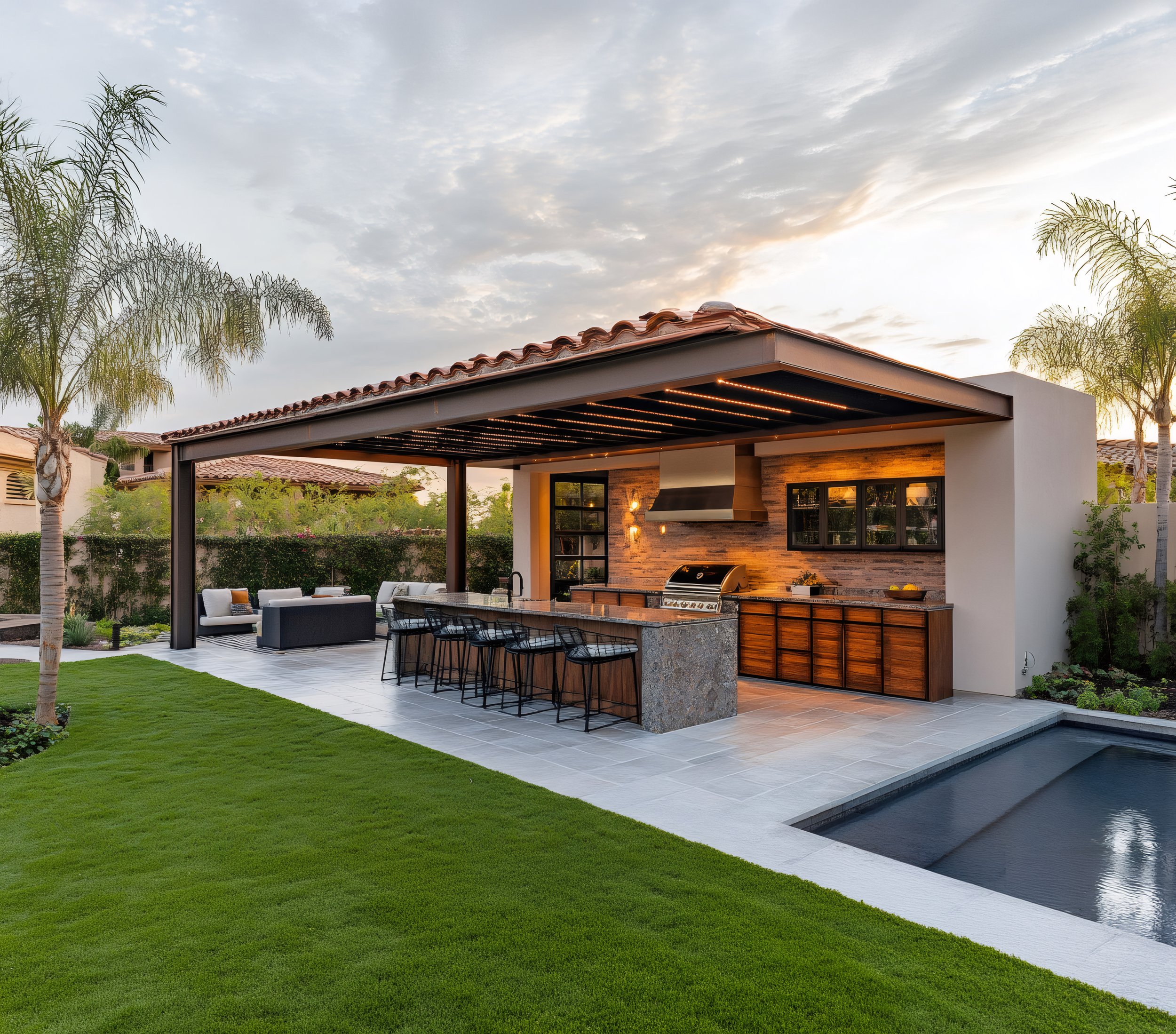 Modern Arizona home featuring a covered patio, outdoor seating, and a built-in grill—all made possible with funds from a refinance loan.