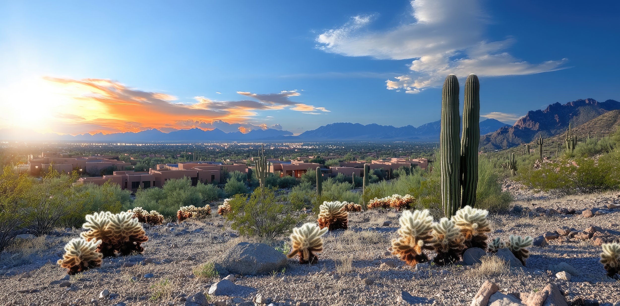 Arizona sunset over a desert landscape with cacti, rocks, and mountains in the background.
