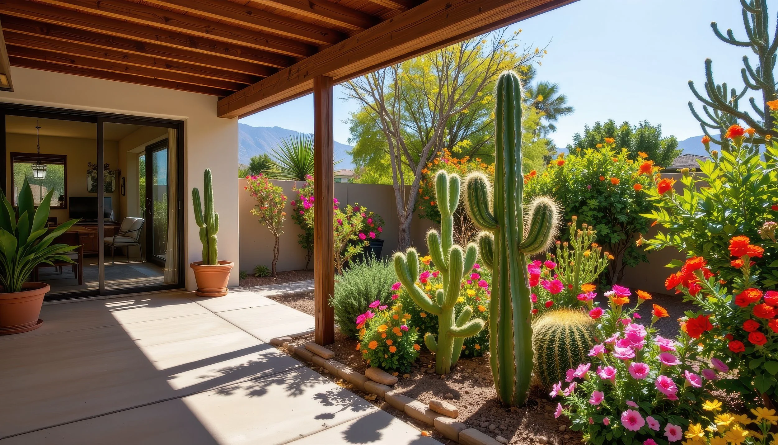 View of a Arizona backyard patio with colorful desert plants and flowers, including tall cacti, blooming orange and pink flowers, and a background of mountains and trees under a sunny sky.