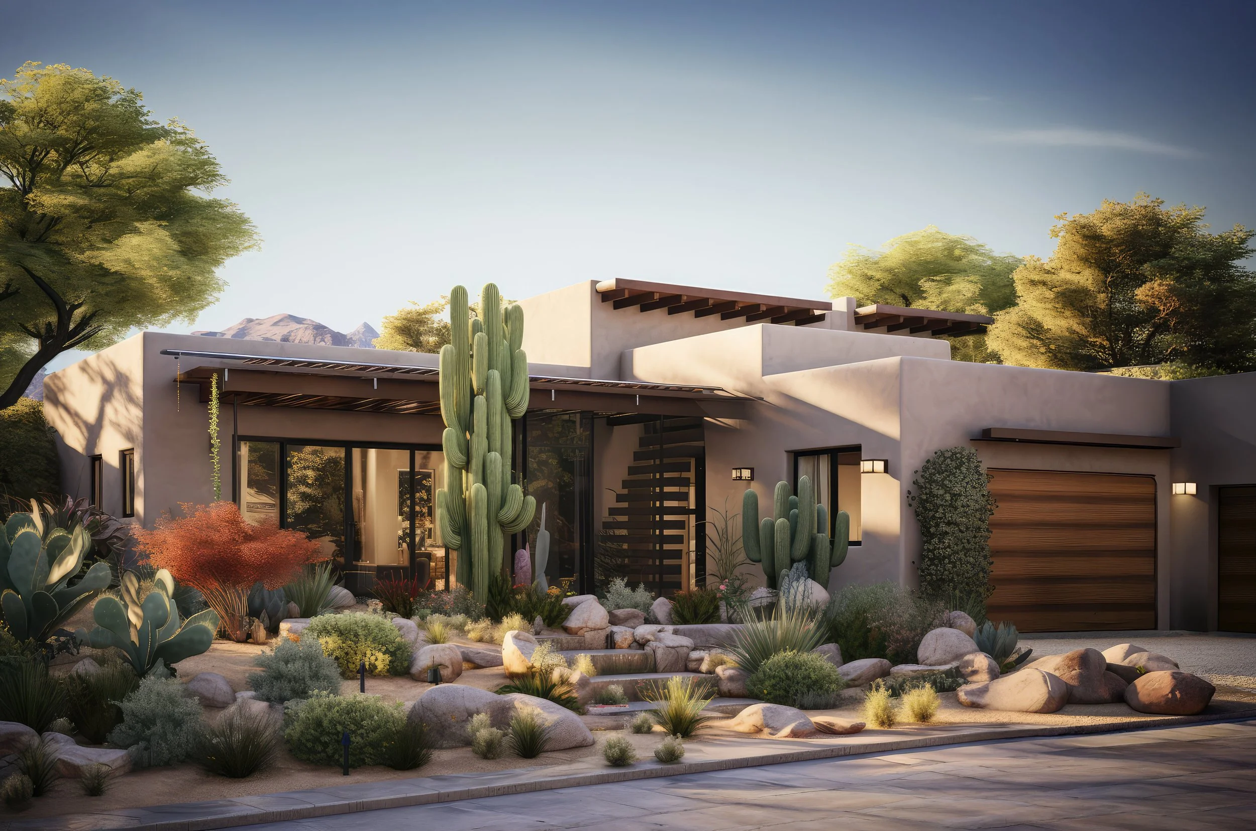 Arizona house with desert landscaping, including cacti, rocks, and drought-tolerant plants, under a clear sky.