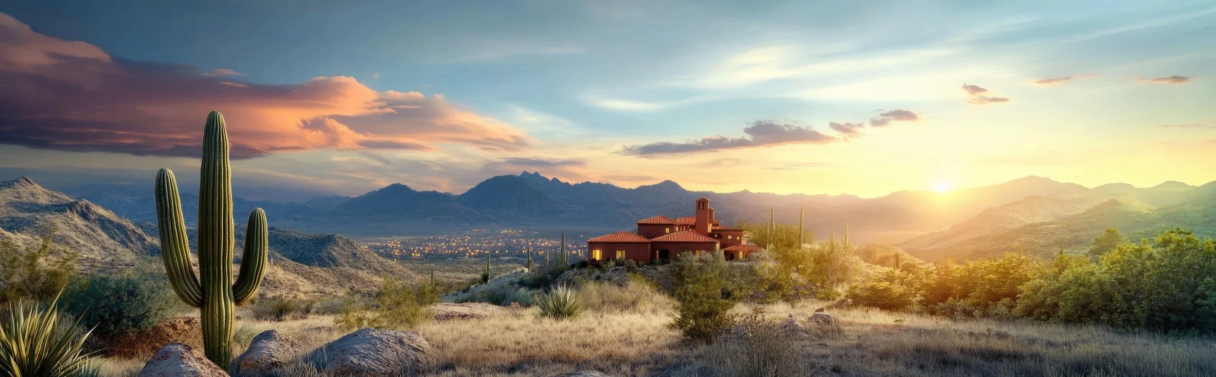 Arizona desert landscape at sunset with saguaro cacti, mountains, a house with red roofs, and a distant city at the valley, under a colorful sky.