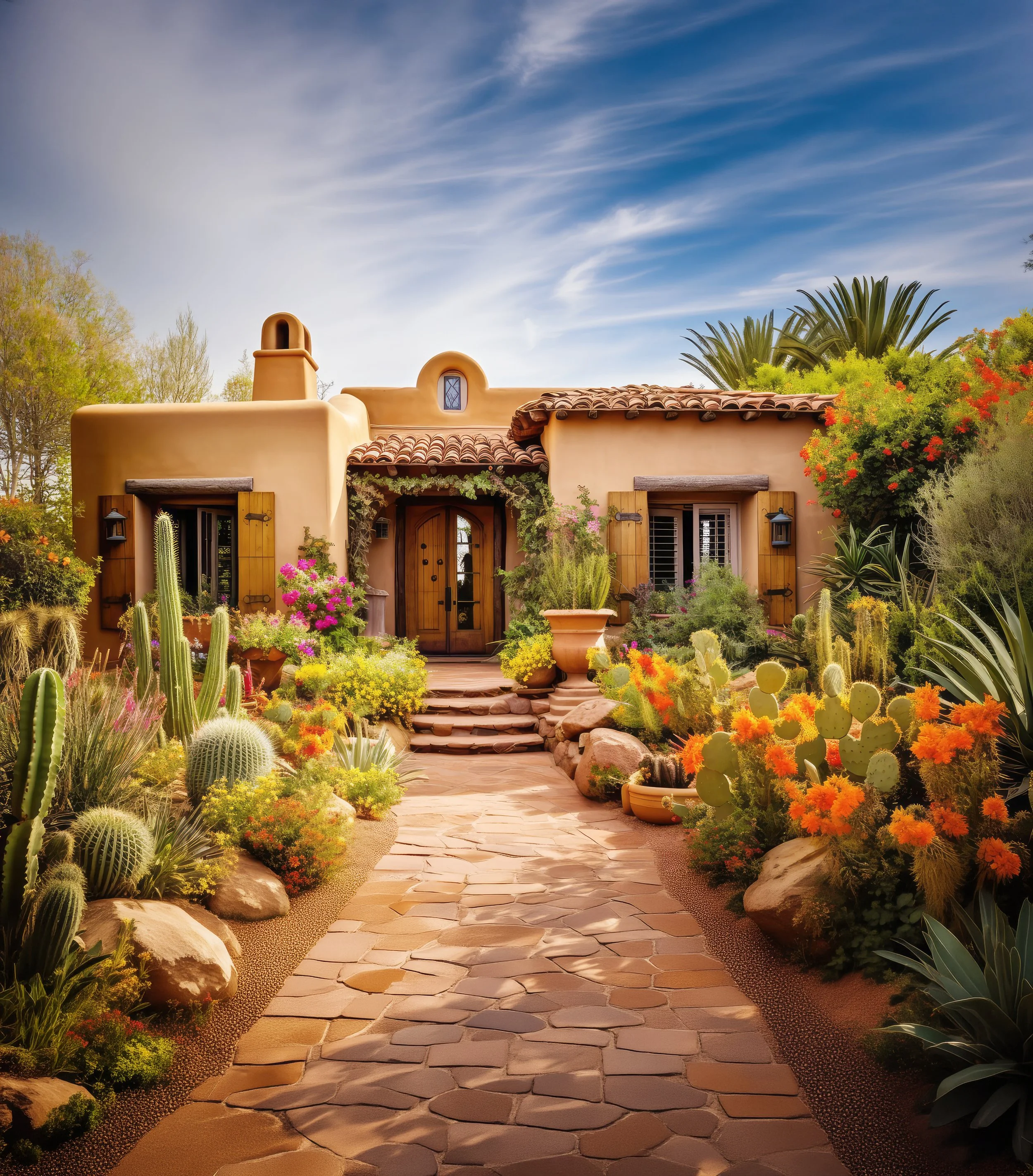 An Arizona desert-style house with a tiled roof, wooden accents, and potted plants, surrounded by desert plants, cacti, and colorful flowers, with a stone pathway leading to the entrance.