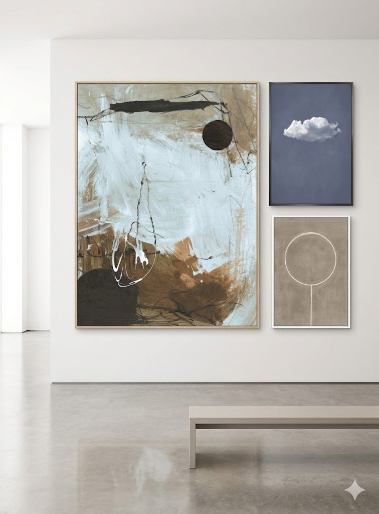 Three abstract art paintings on a white gallery wall. The largest painting features black, white, brown, and beige brushstrokes with a black circle. The top right painting depicts a white cloud on a blue background. The bottom right painting shows a simple white circle and line on a beige background.