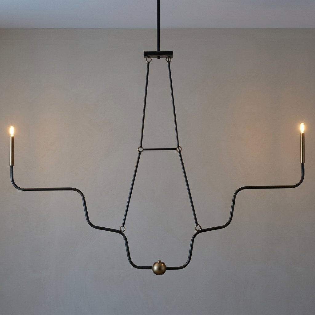 Modern chandelier with two illuminated candle-style bulbs, suspended from the ceiling.