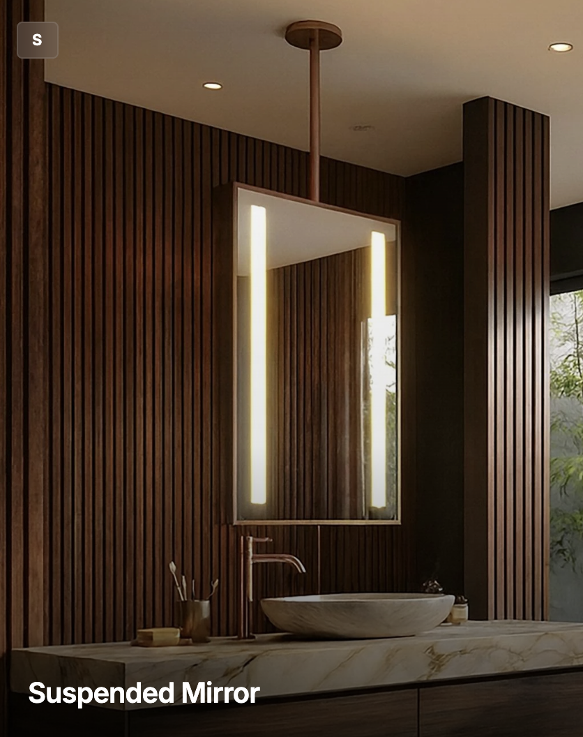 Modern bathroom with wood-paneled wall, suspended mirror with backlighting, marble countertop, vessel sink, and brass faucet.