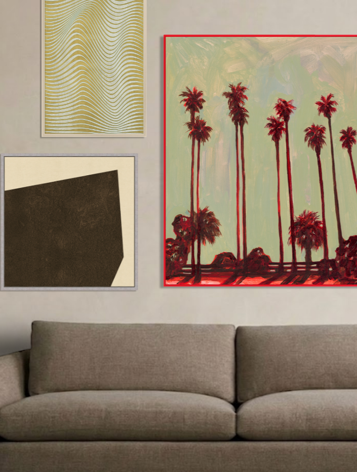 Three abstract art paintings on a white gallery wall. The largest painting features black, white, brown, and beige brushstrokes with a black circle. The top right painting depicts a white cloud on a blue background. The bottom right painting shows a simple white circle and line on a beige background.