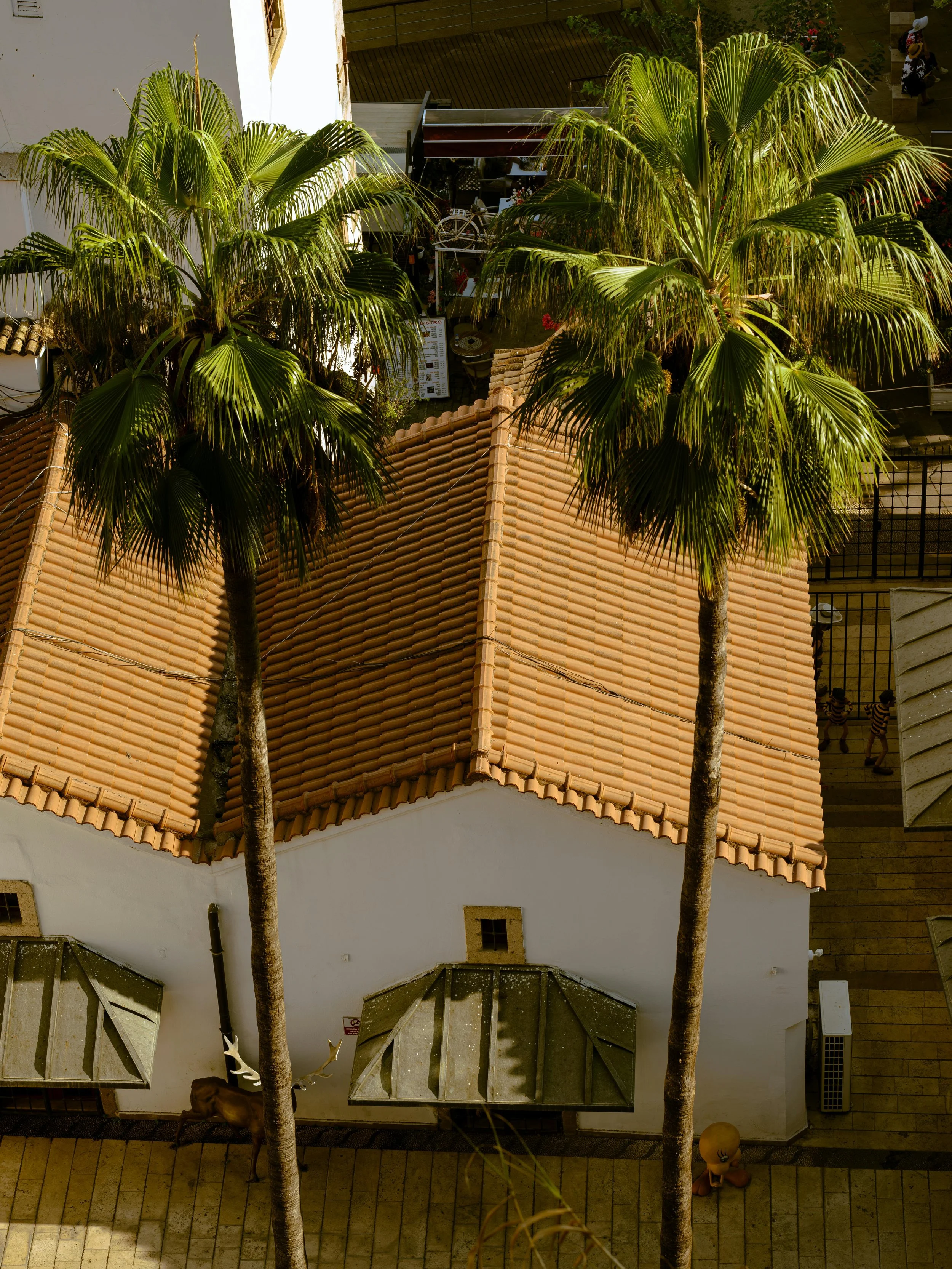 Overhead view of a building with a terracotta tiled roof, two tall palm trees, and a small courtyard with glass balconies and potted plants. A deer statue and a cartoon character statue are also visible in the courtyard.