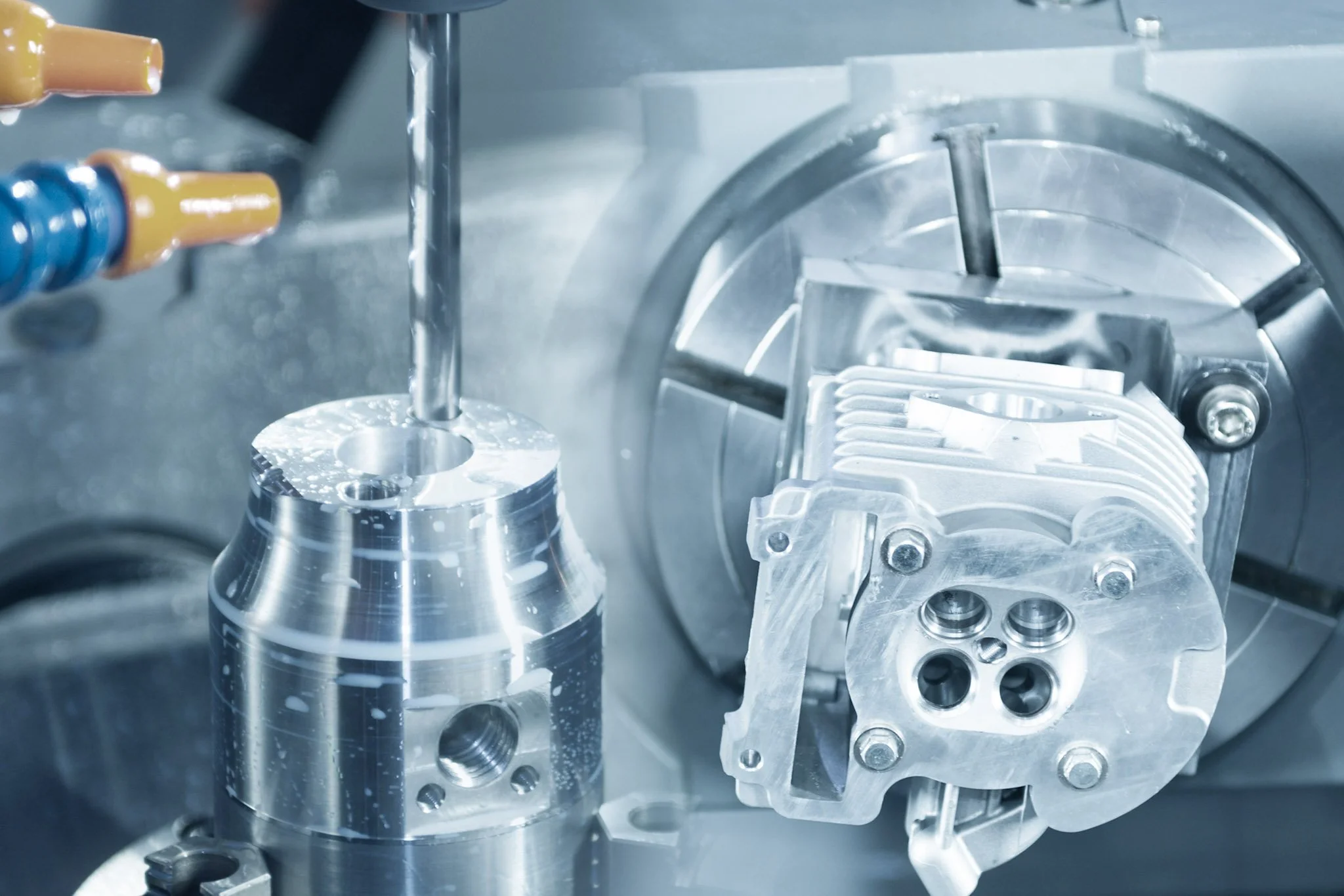 Precision CNC machining with coolant on high-tolerance aluminum component – 7C’s Manufacturing
