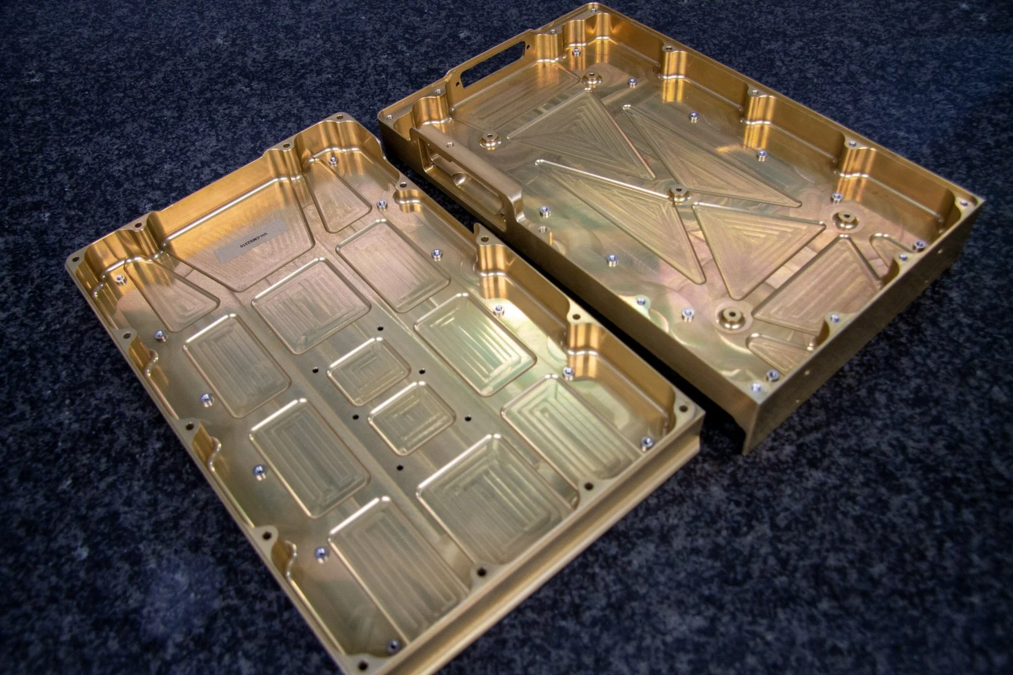 Pair of large precision CNC machined and gold anodized aluminum trays – 7C’s Manufacturing