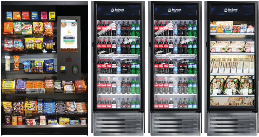 Vending machines filled with snacks, beverages, and prepackaged foods.