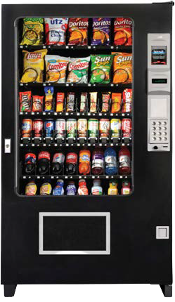 Vending machine with bags of chips, snack foods, and beverages.