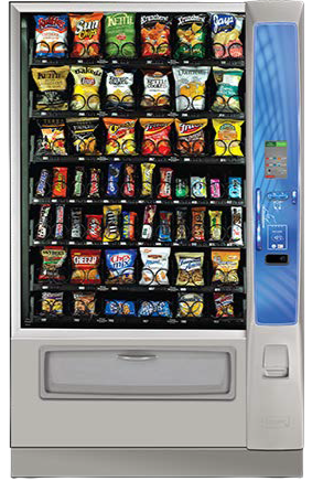 Vending machine stocked with various snack bags, including chips, cookies, and candy.