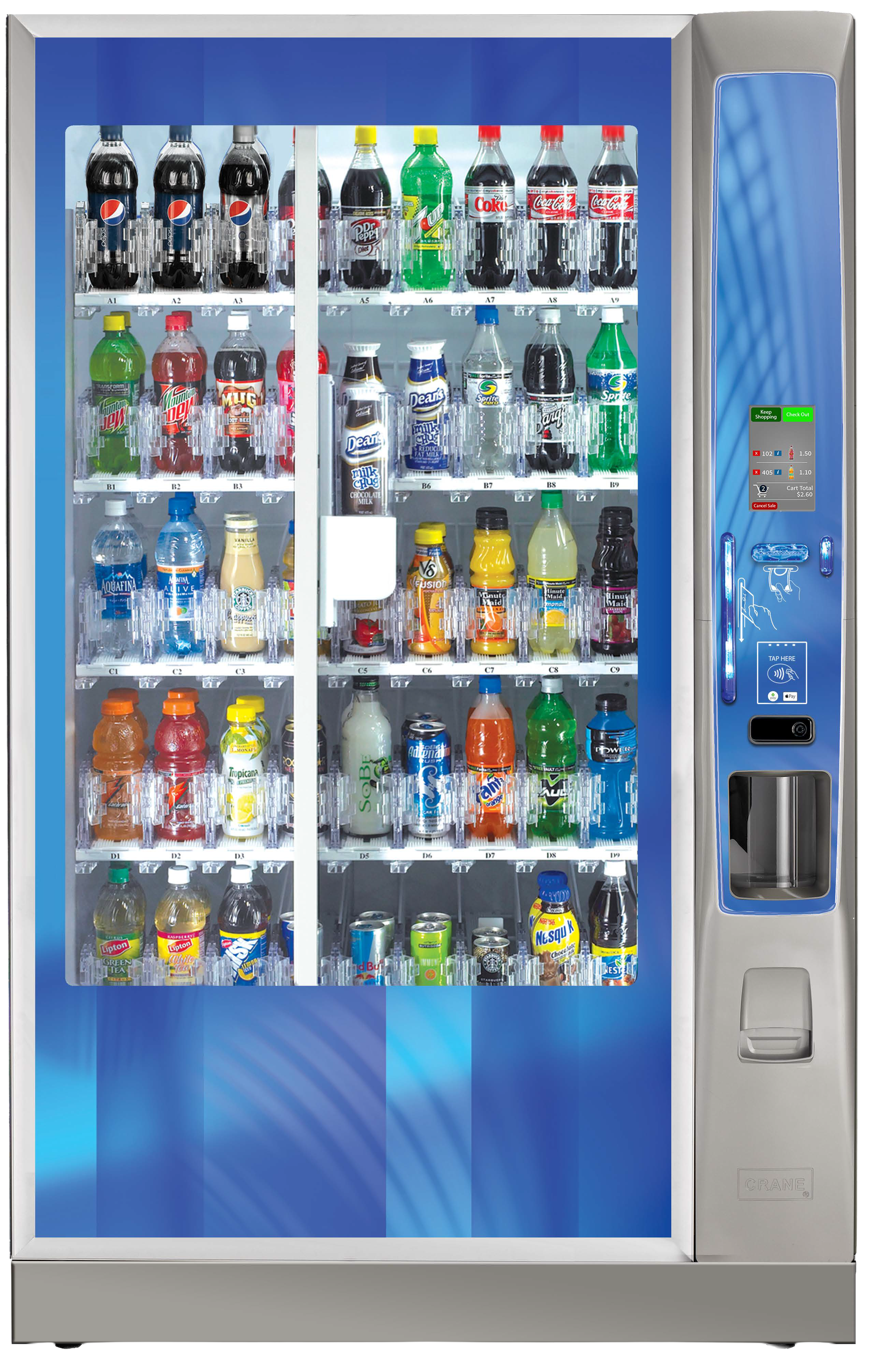 A vending machine stocked with various bottles and cans of soda, juice, water, and other beverages, with a digital payment interface on the right side.