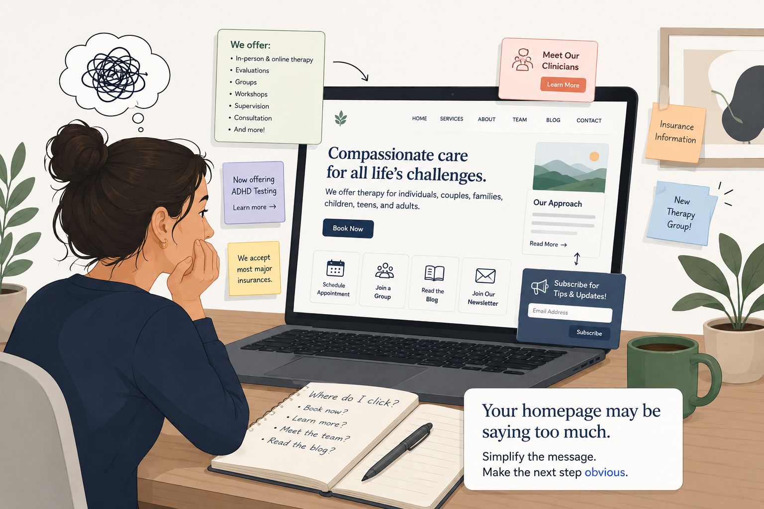 Your therapy practice homepage may be saying too much