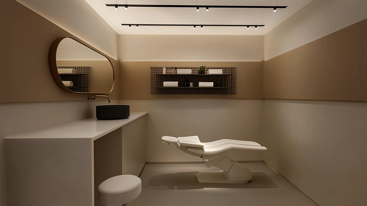 Salle de traitement médical ou spa avec un fauteuil blanc, un lavabo noir et un miroir ovale sur le mur, éclairage encastré au plafond et étagère avec serviettes et produits de soins.