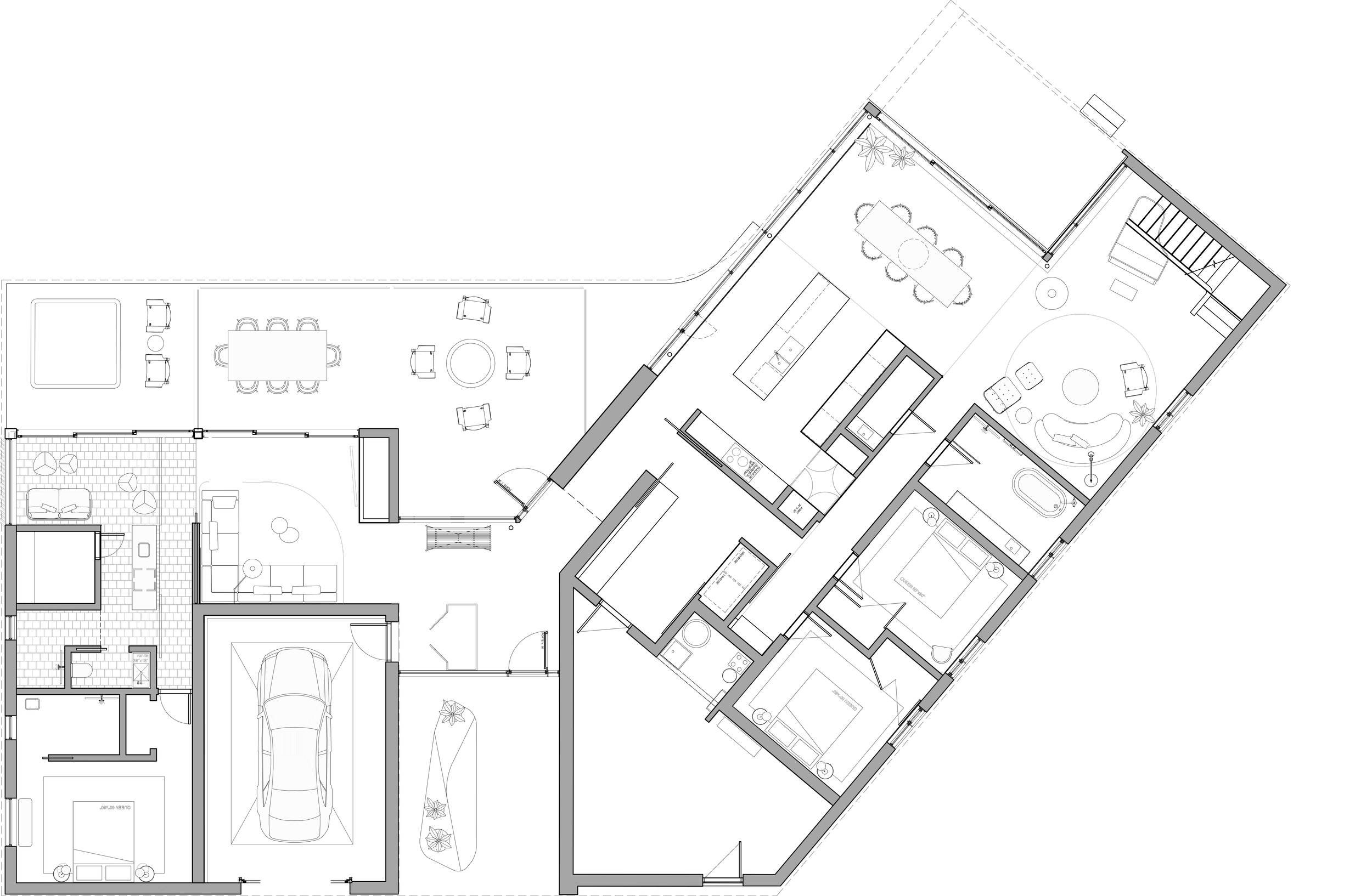 Plan architectural d'une maison avec différentes pièces, y compris un garage, une salle de bain, une cuisine, salons, chambres, un espace spa et un espace extérieur avec table à manger et jacuzzi.