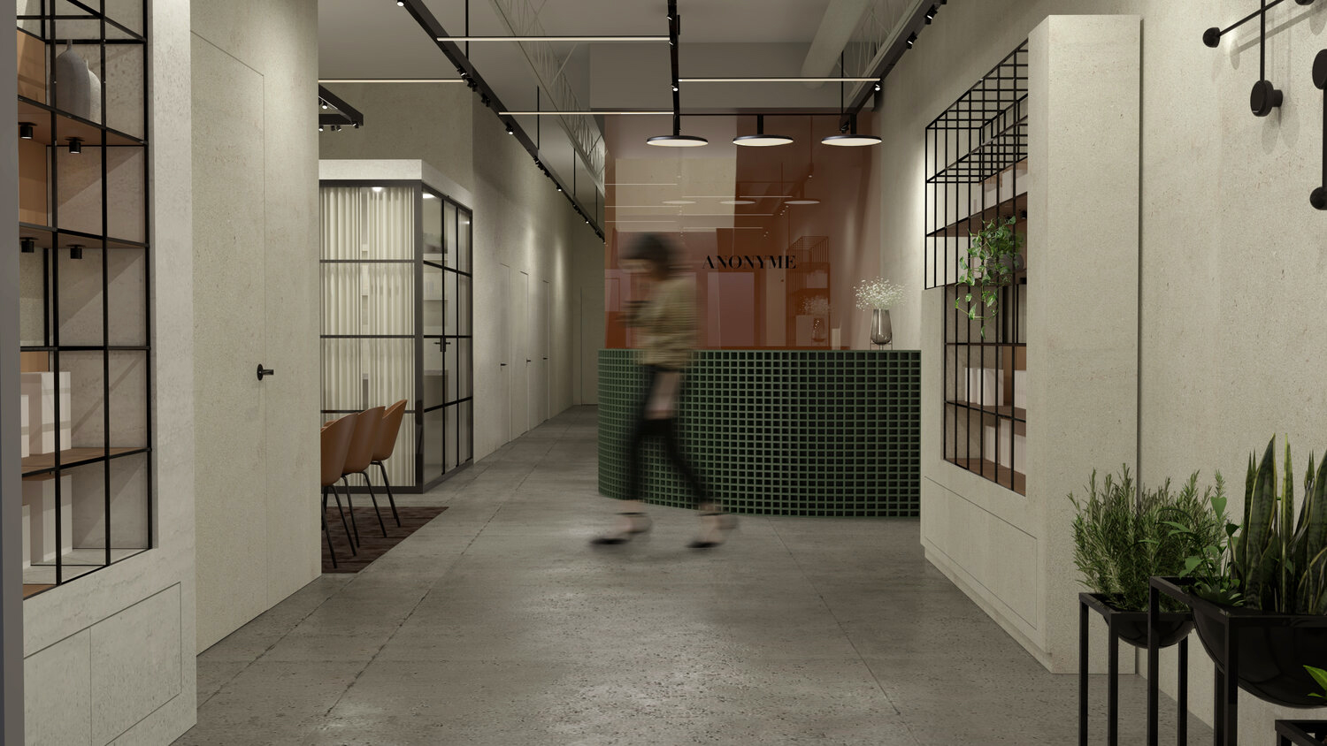 Intérieur moderne avec une réception, plantes, étagères en métal et un fauteuil en cuir