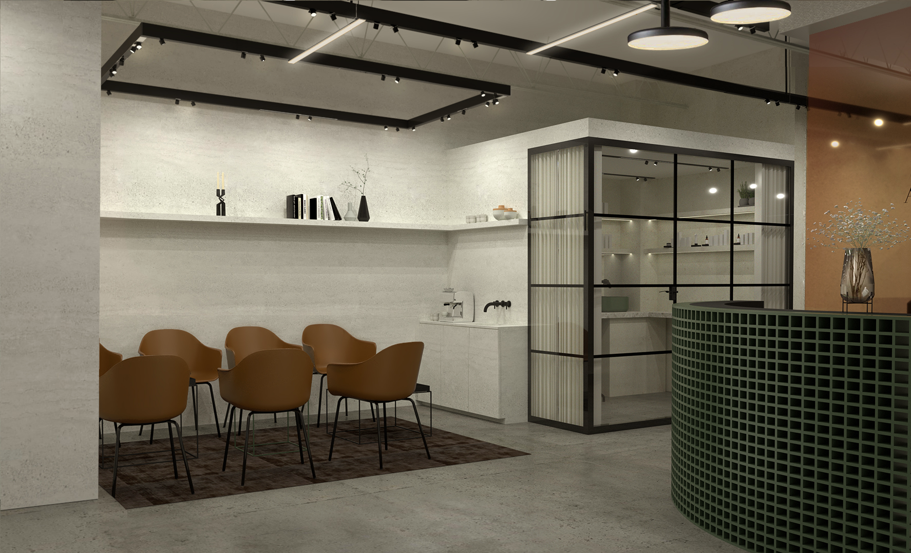 Intérieur moderne avec une réception en grillage métallique vert, un espace avec des chaises marron autour d'une table, un comptoir en pierre, des étagères ornées de livres, des vases et des décorations, et une structure en verre avec rideaux blanc