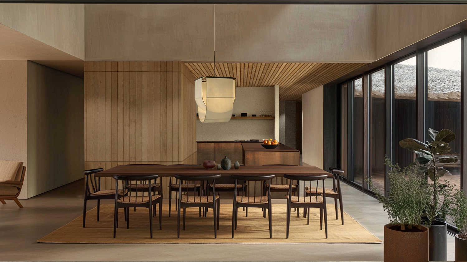 Salle à manger moderne avec un grand tableau en bois, table en bois foncé entourée de six chaises en bois, grande fenêtre en verre laissant entrer la lumière naturelle, plantes vertes en pots à droite, luminaires suspendus au plafond en bois.