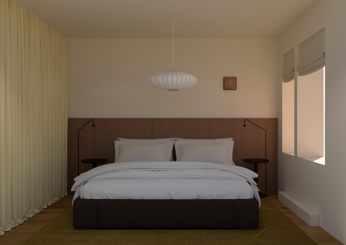Chambre avec un lit, appuie-tête en bois, lampes de lecture au sol, fenêtres avec volets, lumière tamisée, et décoration minimaliste.