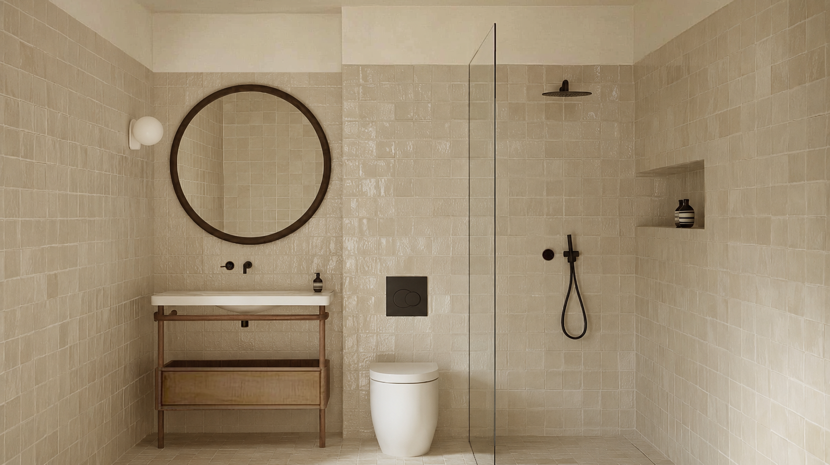 Salle de bain moderne avec murs et sol en carreaux beiges, lavabo avec miroir rond en bois, toilette suspendue, douche à l'italienne avec pomme de douche noire, étagères intégrées avec vases noirs et blancs.