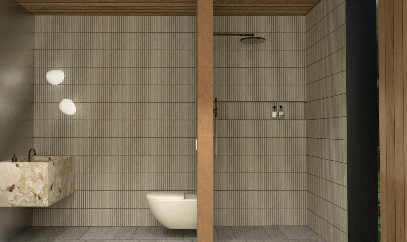 Intérieur d'une salle de bain moderne avec paroi en céramique beige, lavabo en pierre, toilette suspendue et espace douche avec lavabo intégré, dans un design minimaliste et élégant.