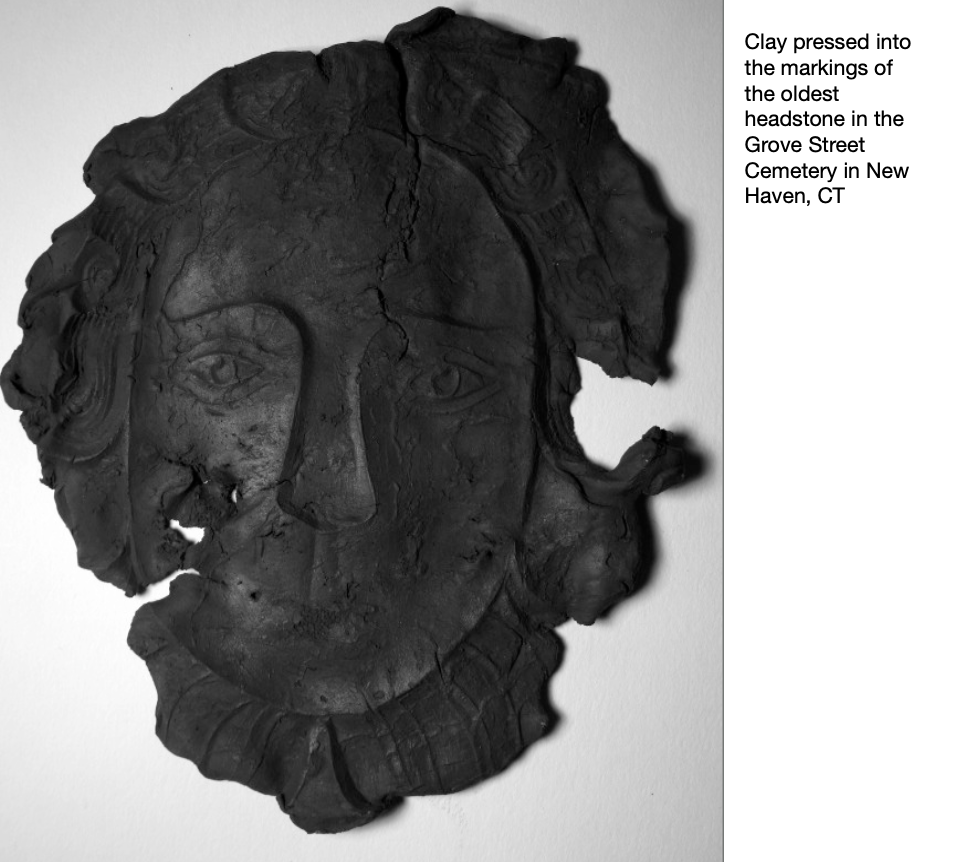 As an entry point into this research, I began with a case study of Grove Street Cemetery in New Haven—the first charted cemetery in the United States.
The image on the left shows clay pressed into the surface of one of the oldest headstones, capturin