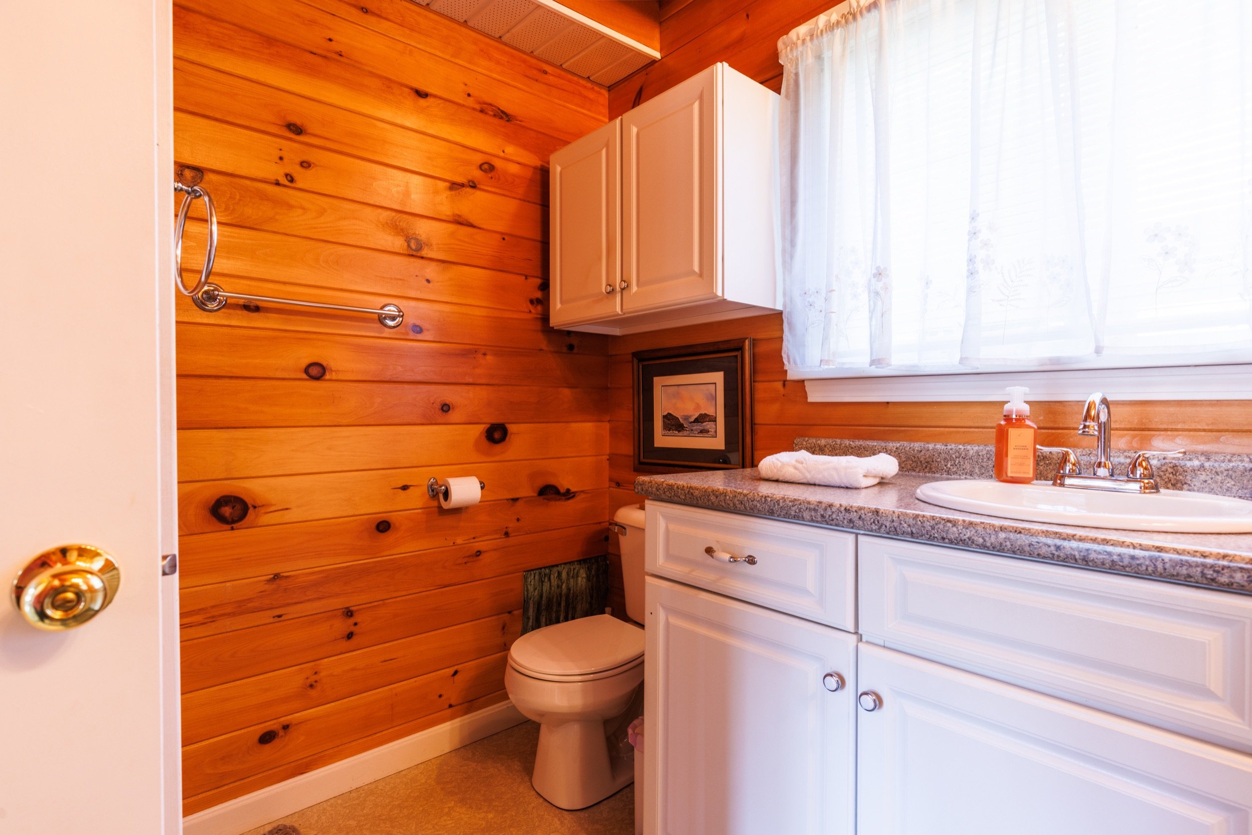 A bathroom with wooden panel walls, a white vanity with a granite countertop, a mirror, a faucet, a soap dispenser, a towel, a framed picture, a window with white curtains, and a dental floss on the toilet.
