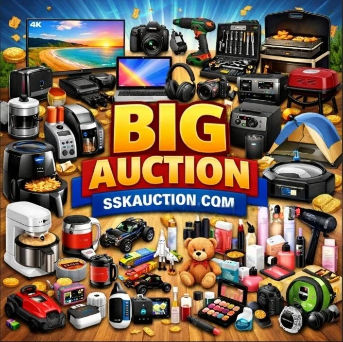 An advertisement for a large online auction featuring electronic devices, toys, household items, and accessories. Displays items like cameras, laptops, drones, a 4K TV, kitchen appliances, gaming cars, toys, skincare products, and a robot vacuum, with gold coins scattered across the image.