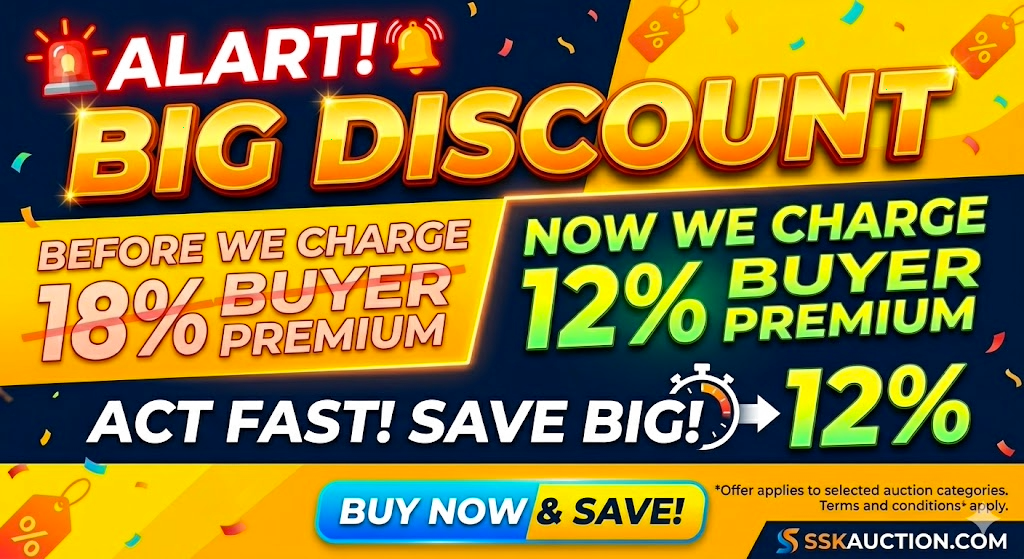 Bright advertisement for a big discount sale, emphasizing a move from an 18% buyer premium to a 12% premium, with a blue "Buy Now & Save!" button and colorful confetti.