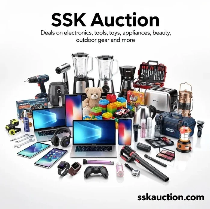 A large collection of various items including electronics, tools, toys, appliances, and outdoor gear displayed for an auction. Items include laptops, smartphones, tablets, a drone, a cordless drill, blenders, a teddy bear, LEGO bricks, a Jack Daniel's bottle, a portable speaker, flashlights, a lantern, a torch, a vacuum cleaner, and other miscellaneous gadgets.