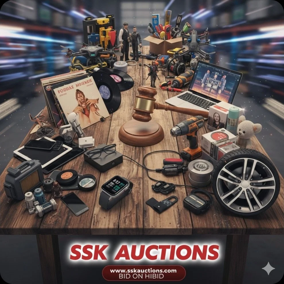 An auction table filled with various tech gadgets, toys, and collectibles, including a gavel, a laptop showing an auction website, vinyl records, a toolbox, a camera lens, a smartwatch, a speaker, a drone, and miniature figurines. The background has a blurred motion effect, suggesting a busy auction environment, with the text 'SSK AUCTIONS' and website at the bottom.