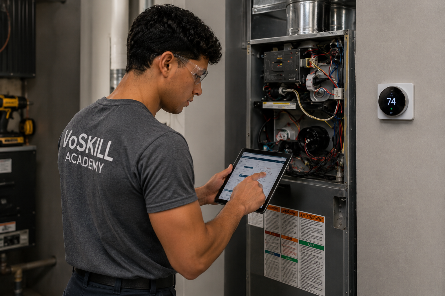 A technician wearing safety glasses and a Voskill Academy t-shirt is monitoring and adjusting a furnace or HVAC system's control panel using a tablet, with a Nest thermostat displaying a temperature of 74°F on the wall.