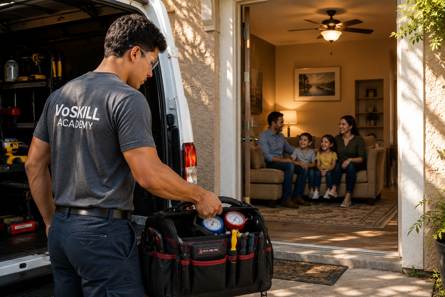 A person from VOSKILL Academy working on HVAC equipment outside a house, with a family sitting on a couch inside, smiling and talking.