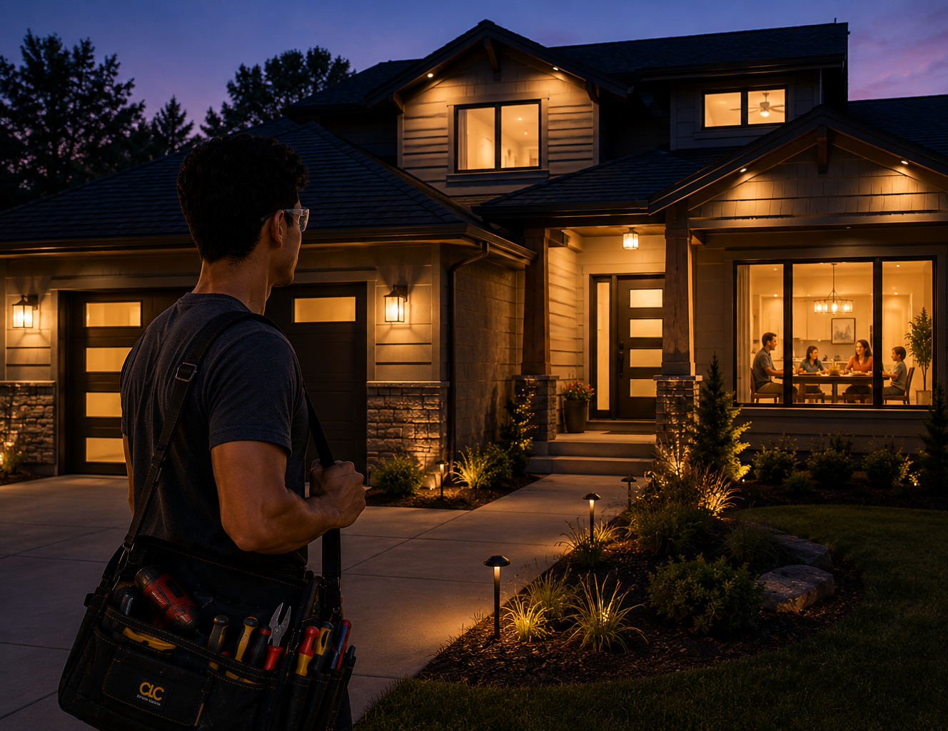 A man carrying a toolbox stands outside a lit house at dusk, watching a family gathered around a dining table inside.