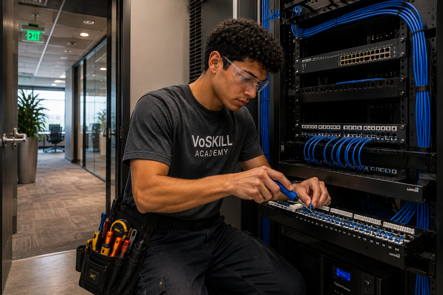 IT technician working on a network server rack inside an office