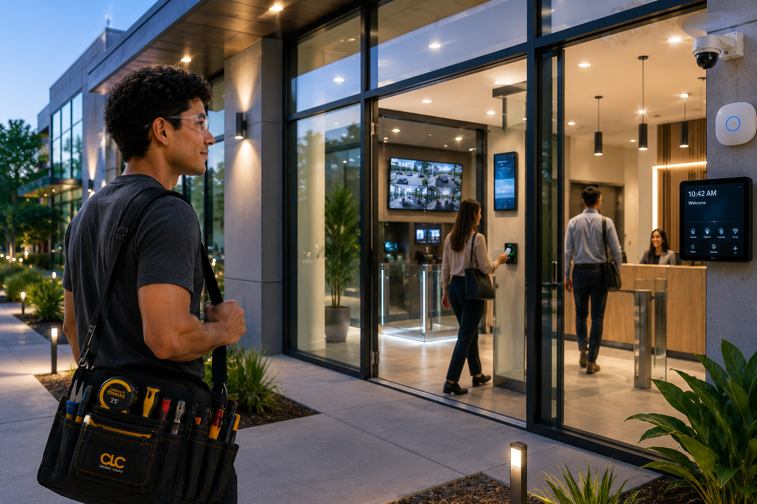 A man with a tool belt standing outside a modern office building at dusk, waiting to enter, with women and a man inside at reception