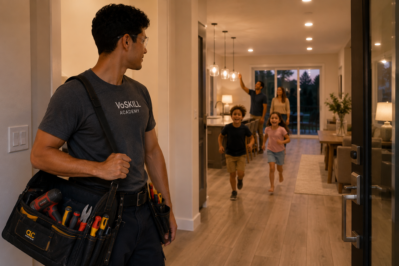 A handyman in a gray T-shirt and tool belt, standing at a doorway, looking into a house where three children and two adults are running inside and smiling.