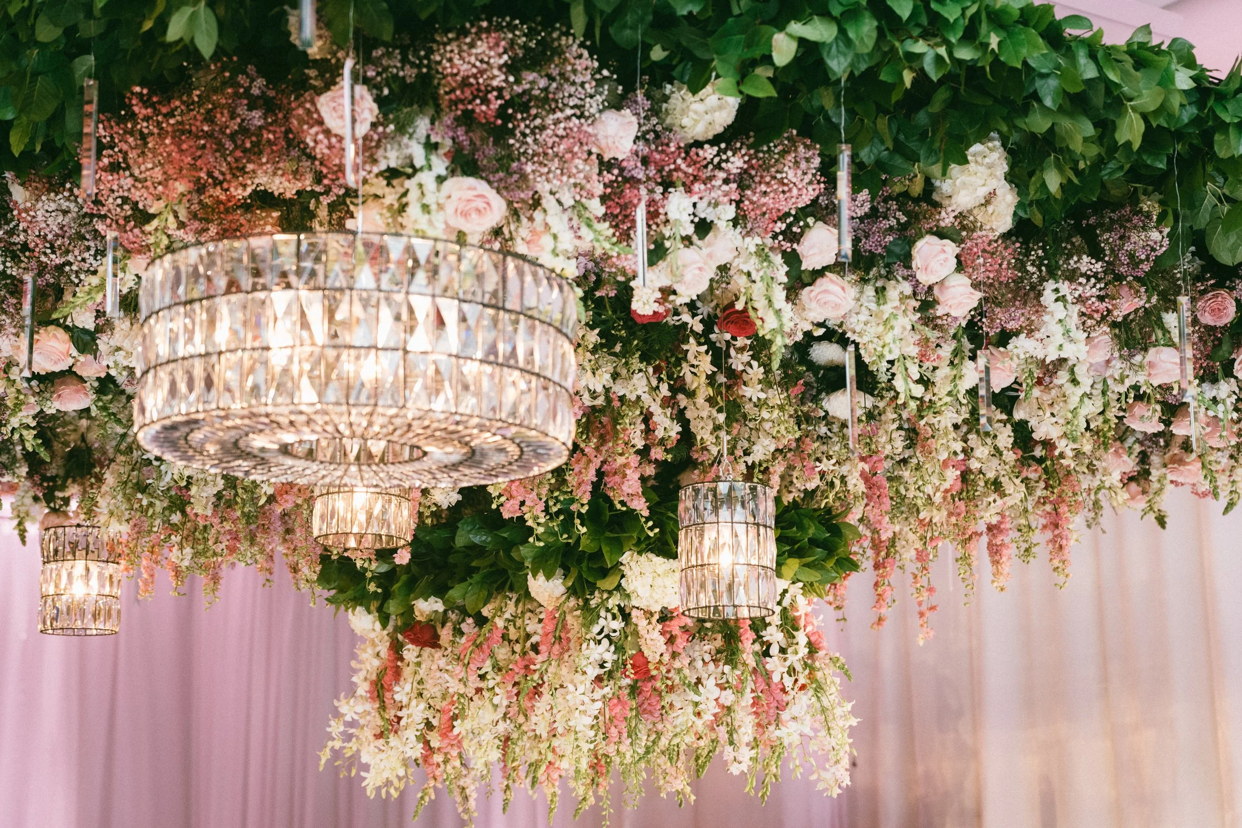 Floral chandelier Sangeet decor — Hyatt Regency Lake Washington Renton WA, Gordon Duo Weddings