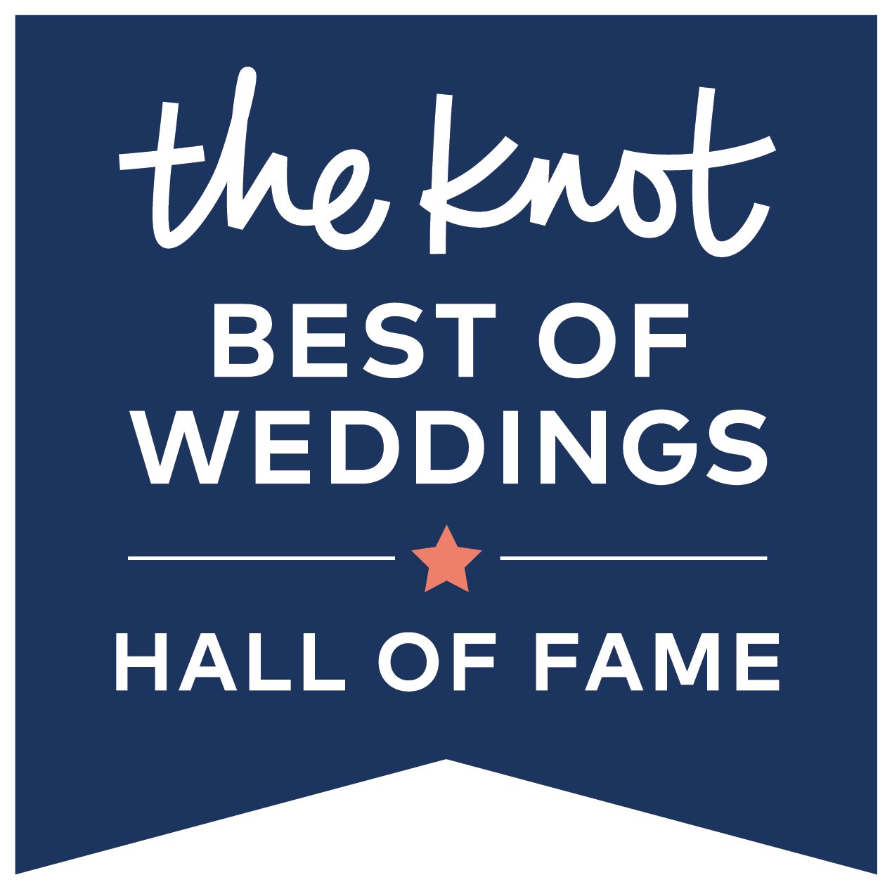 A blue badge with white and pink text reading 'the knot best of weddings hall of fame' and a pink star in the center.