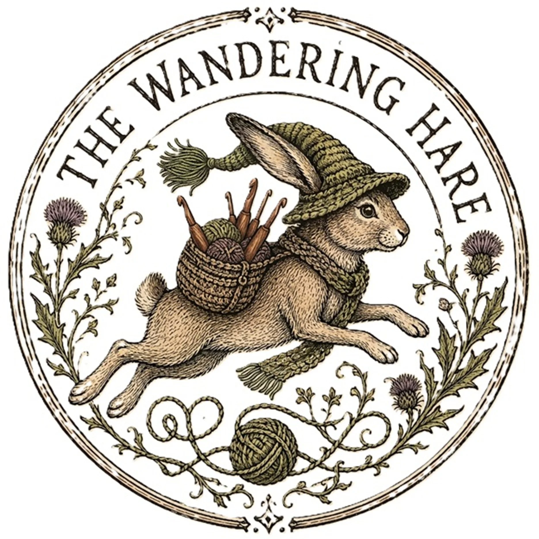 A hare wearing a handmade crocheted hat and scarf, with a basket of crocheting supplies on its back, surrounded by a circular design with the text "The Wandering Hare" and decorative floral elements.