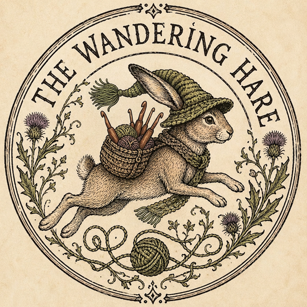 A hare wearing a handmade crocheted hat and scarf, with a basket of crocheting supplies on its back, surrounded by a circular design with the text "The Wandering Hare" and decorative floral elements.