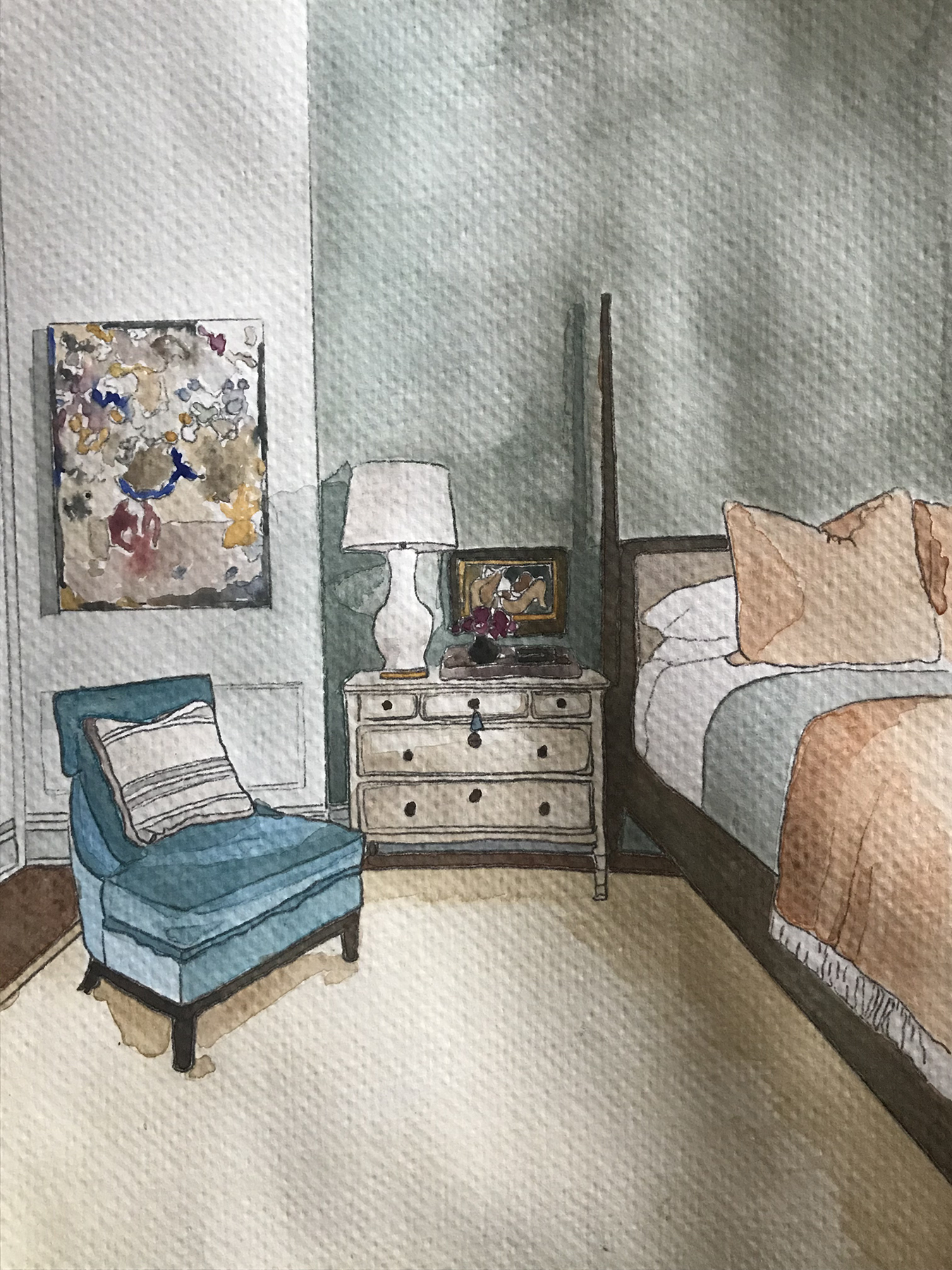 Watercolor of Primary Bedroom by Karen Dan