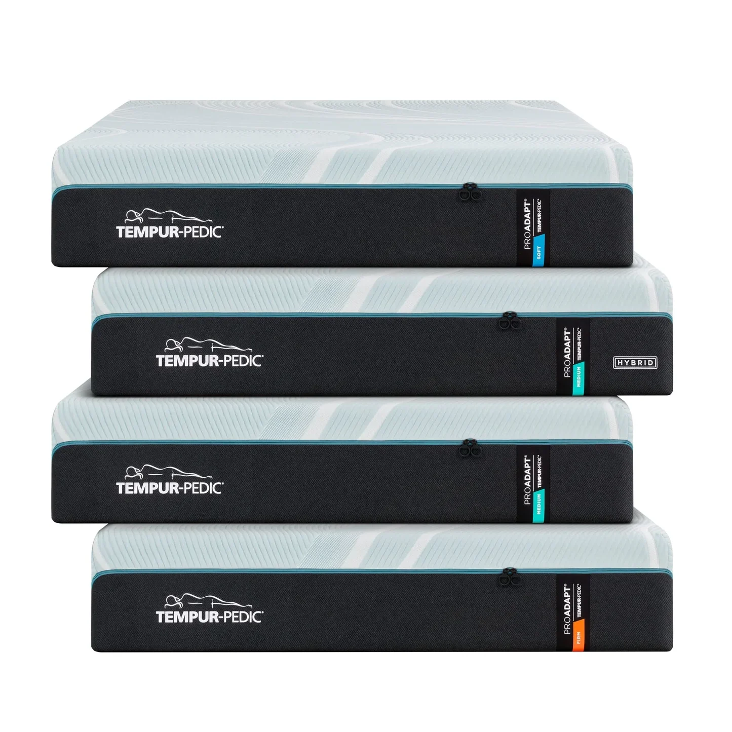 Stack of four Tempur-Pedic mattresses with protection covers, including labels for ProAdapt, medium and hybrid models.